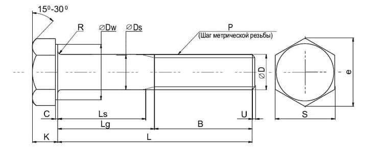 болт, неполная резьба DIN 931